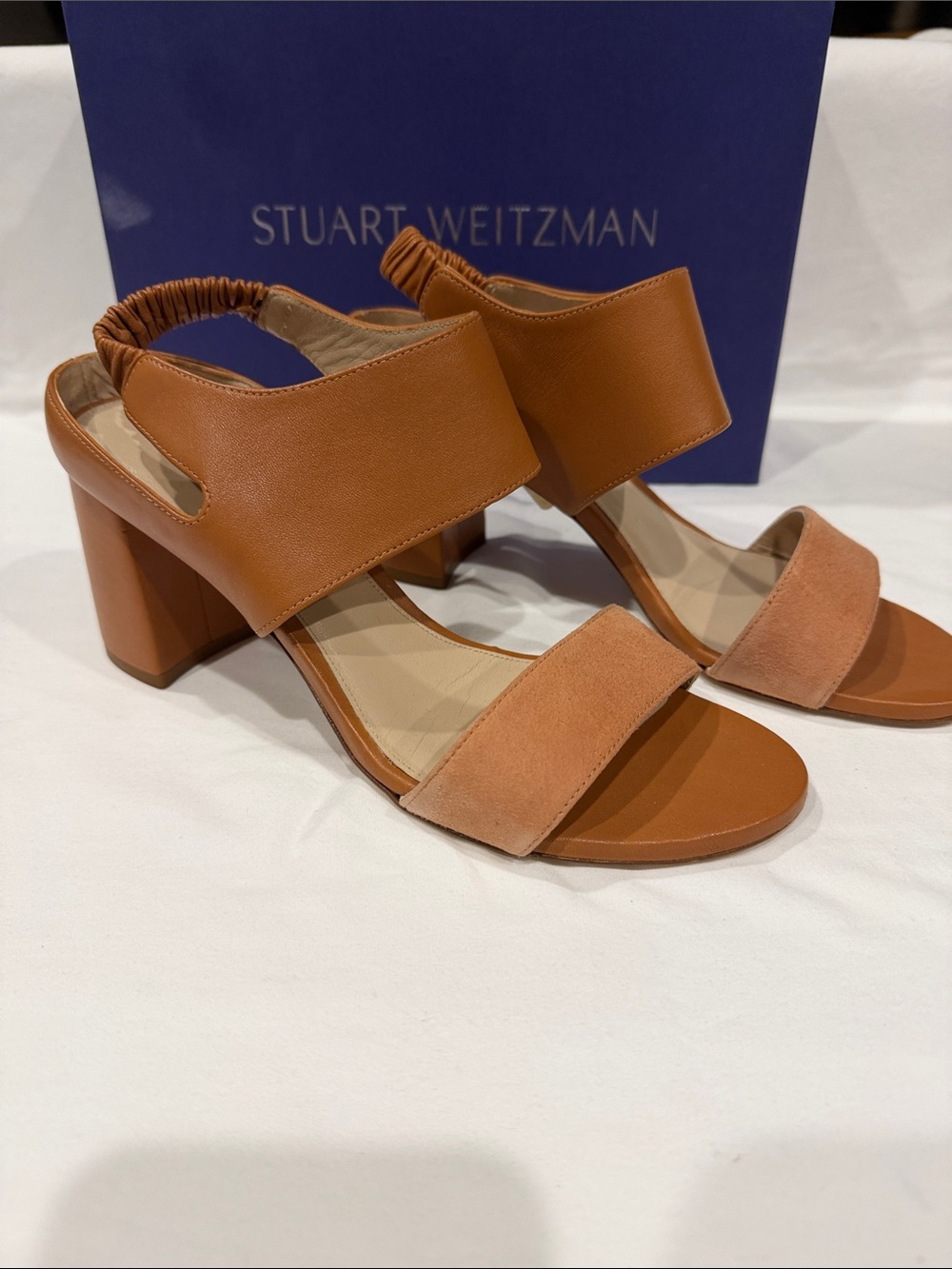 Stuart Weitzman Cognac Two-Tone Block Heel Sandals